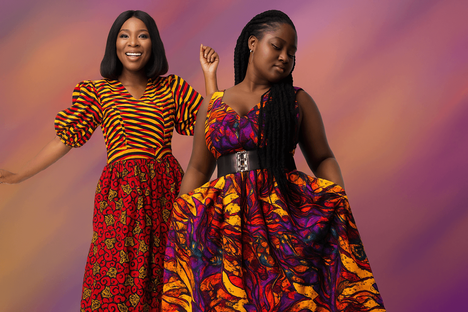 African fashion models wearing traditional Ankara and patterned dresses